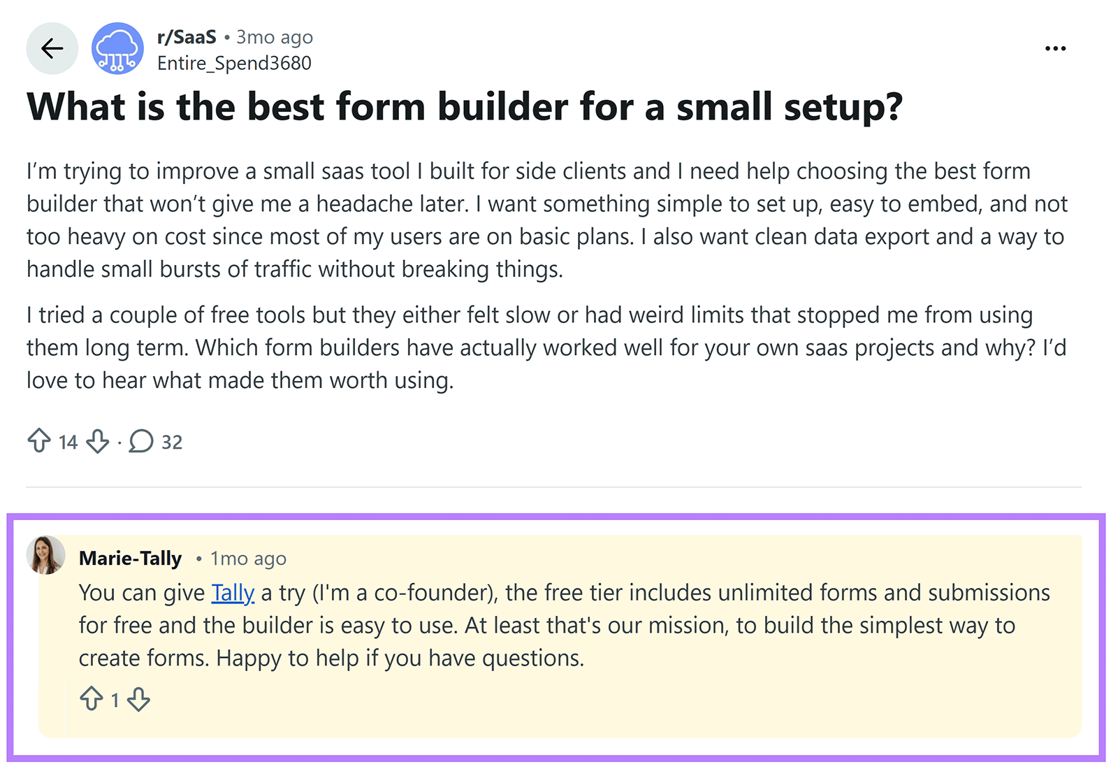 Reddit thread asking for best form builder with highlighted reply recommending Tally and describing its features