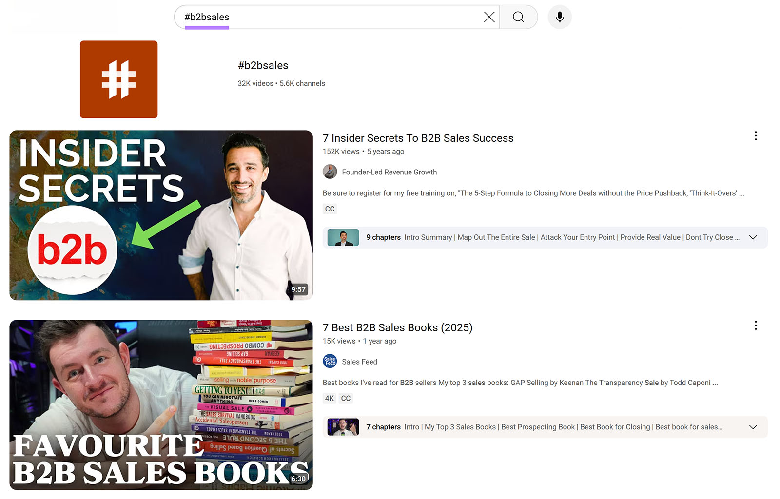 YouTube search results for “#b2bsales” showing two video thumbnails and related views.