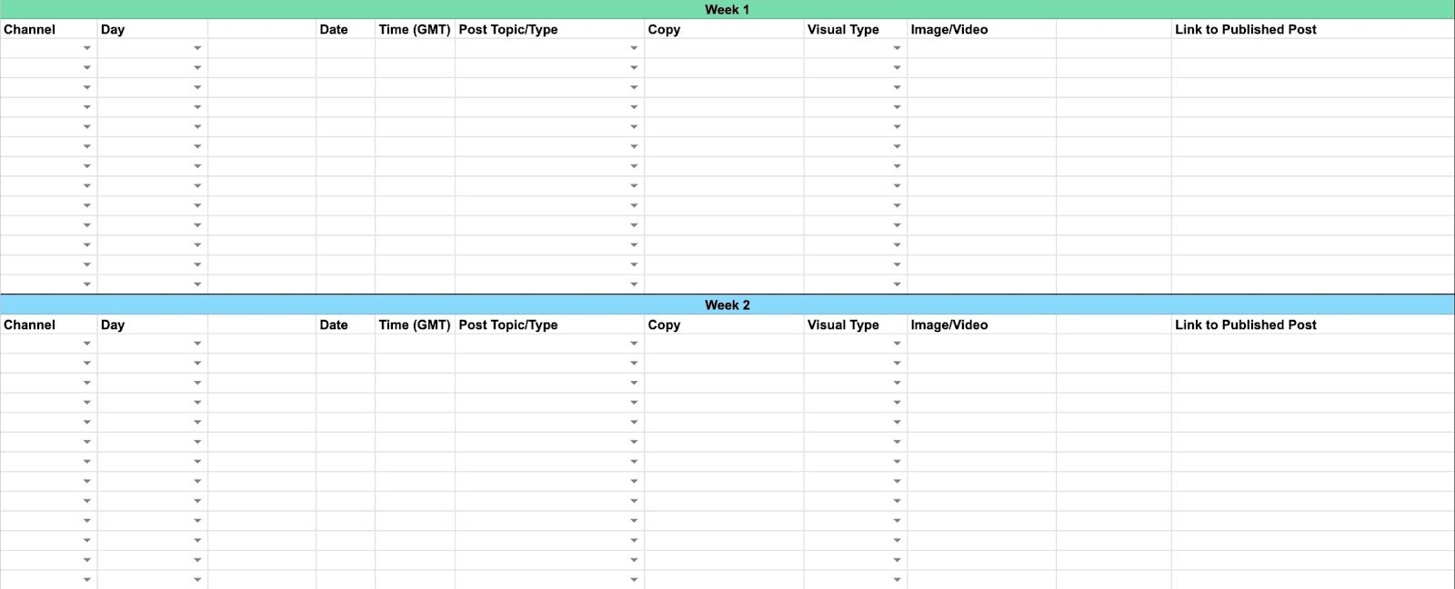 Blank social media content calendar with columns for channel, time, topic, copy, visual type, media, and link to the published post.