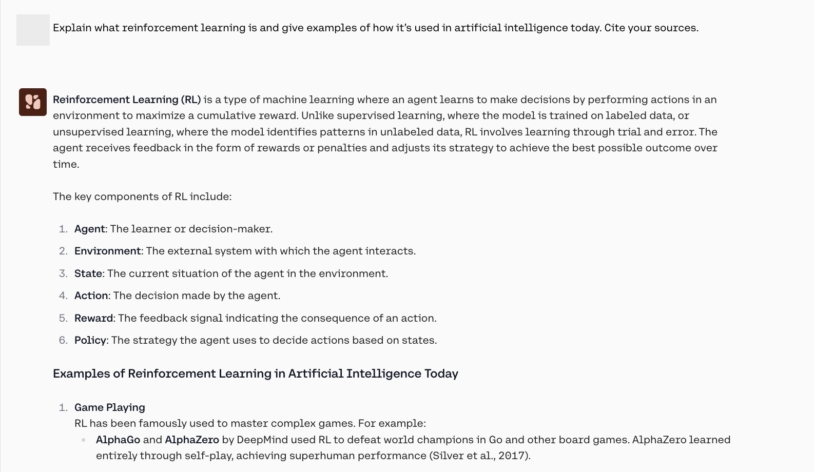 Command R+ explaining what reinforcement learning is along with examples and sources.