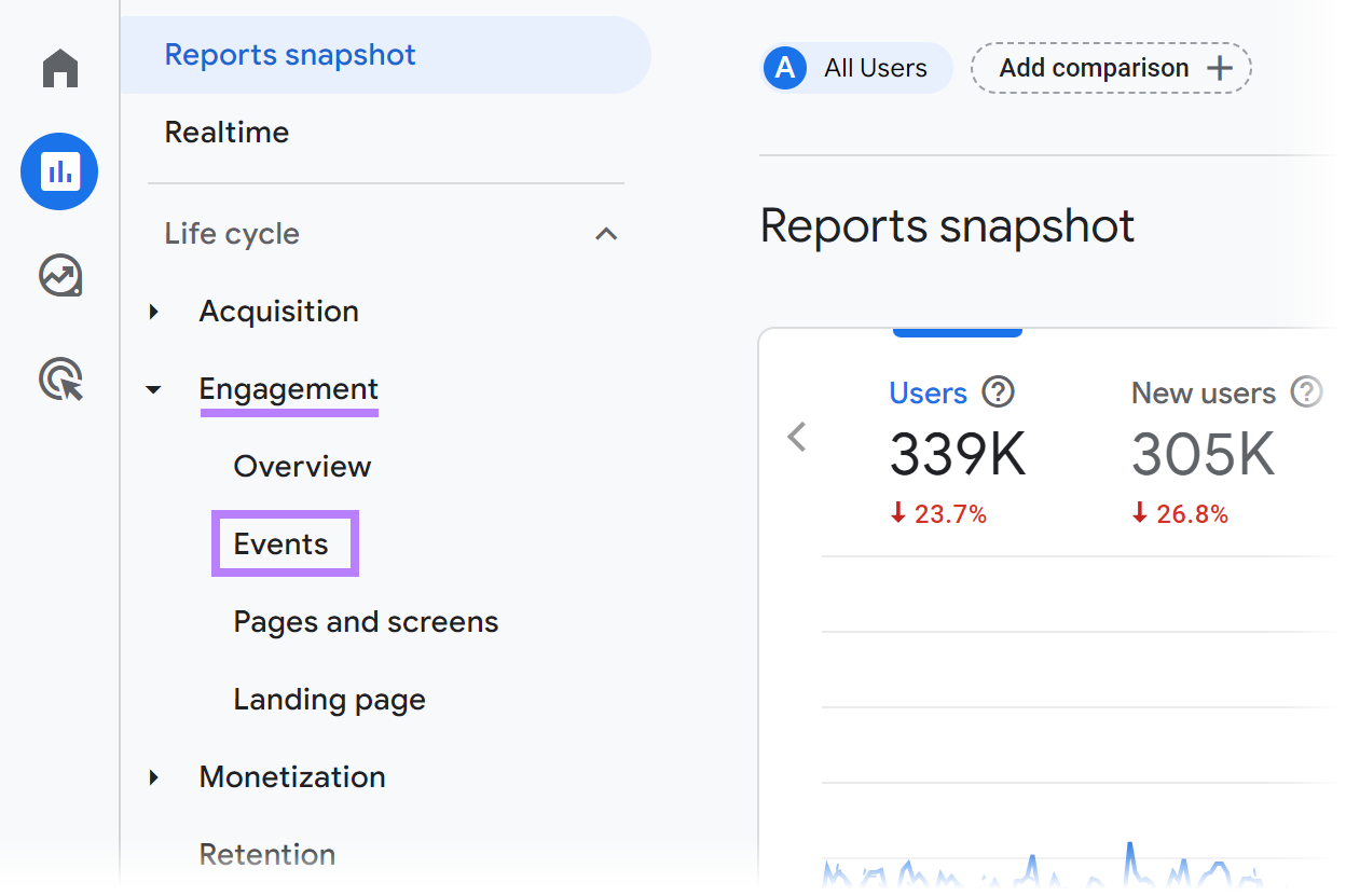 Engagement menu expanded and Events options highlighted.