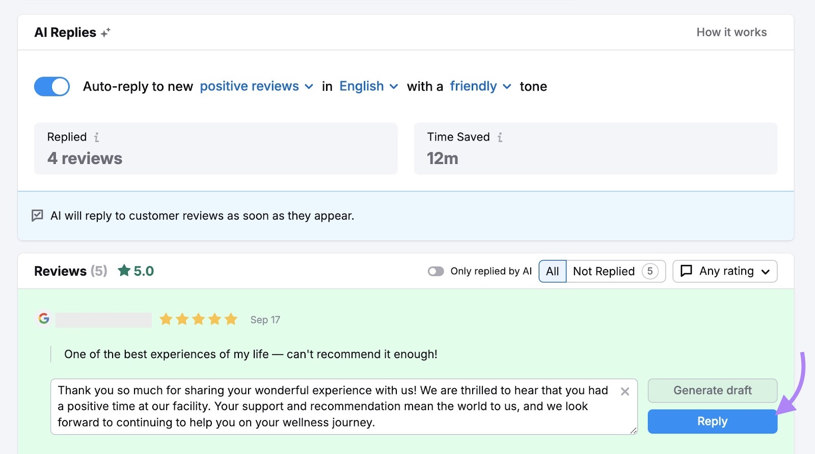 The option to respond to Google reviews on the Review Management tool with an AI-generated response.