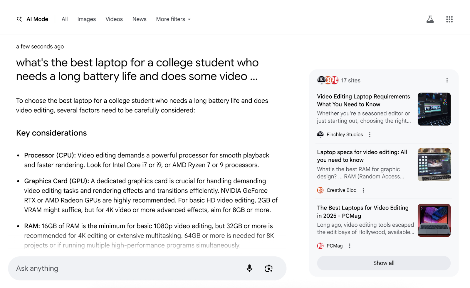 Google AI Mode query and response appears in a separate tab to Google Search.