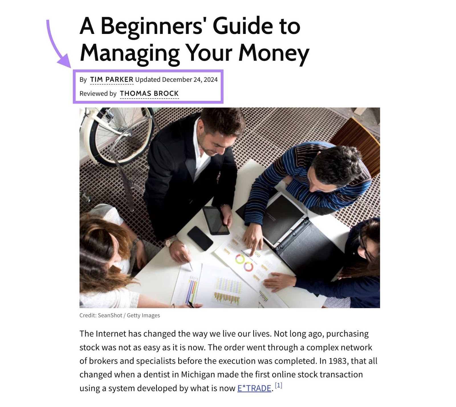 A blog post about money management on Investopedia with the bylines showing the author and reviewer of the article.