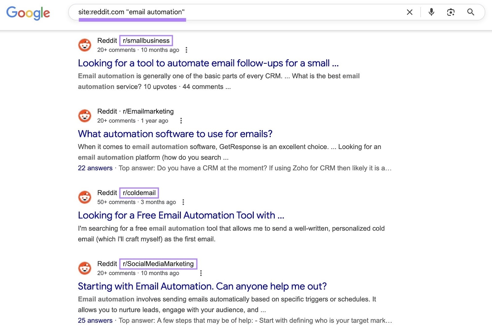 Using a site search operator with the keyword "email automation" to find relevant Reddit communities on Google.
