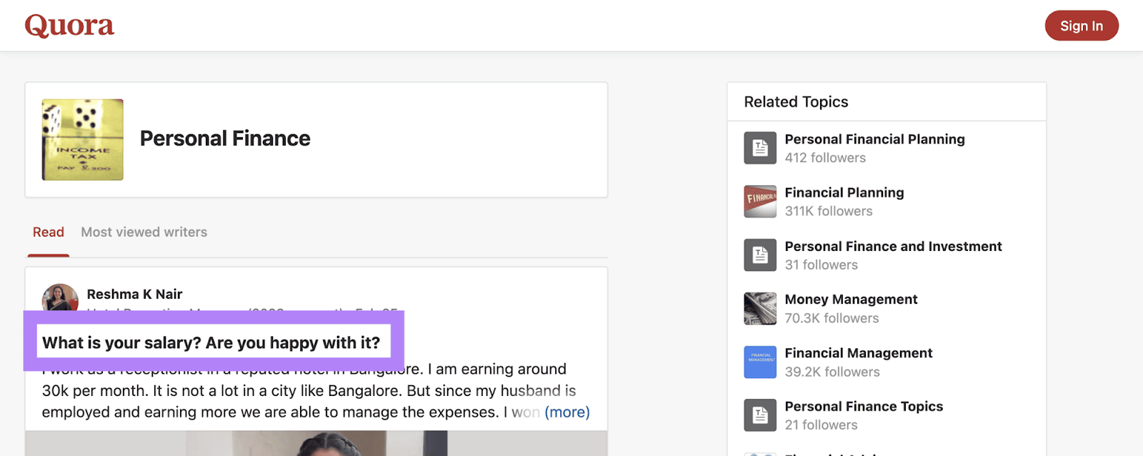 A post entitled "What is your salary? Are you happy with it?" on Quora's Personal Finance space