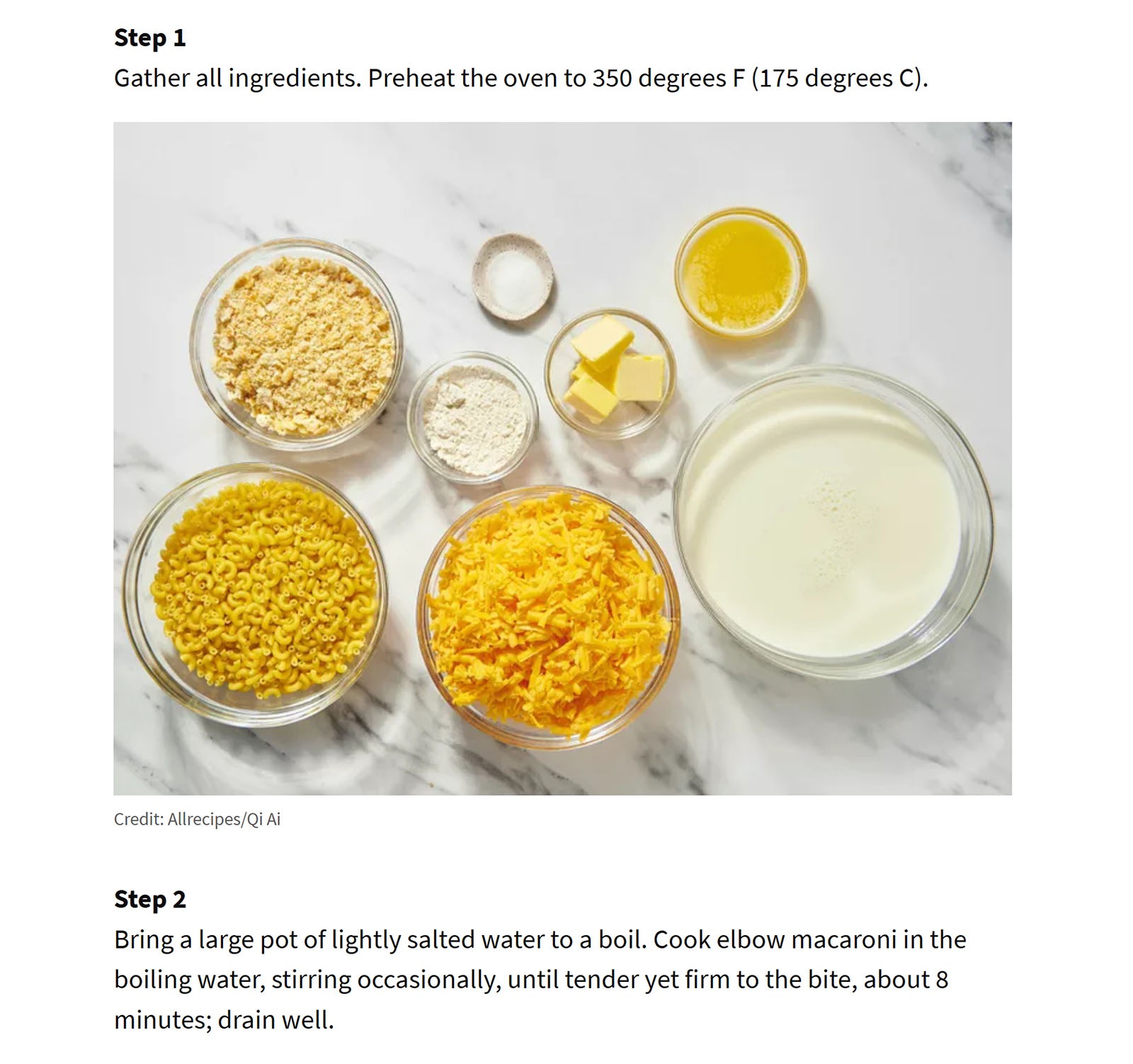 Cooking recipe steps showing bowls of ingredients including pasta, cheese, milk, butter, flour, and breadcrumbs.