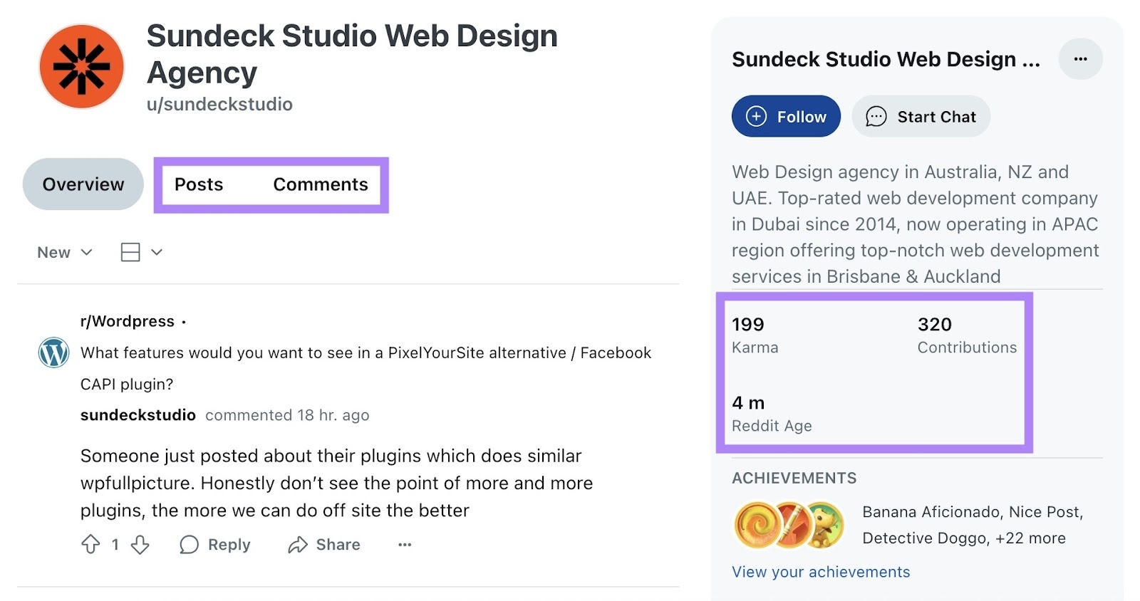 The Karma, Contributions, and Reddit Age highlighted on the right-hand side of a Reddit profile.
