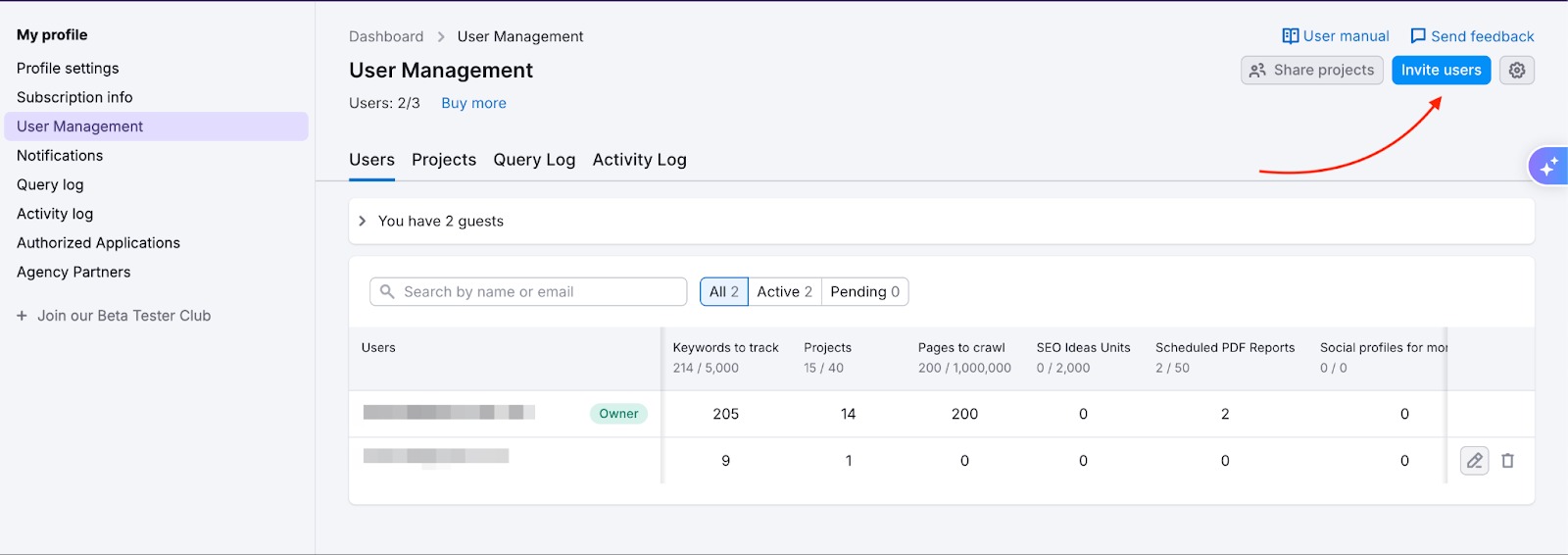 The Invite users button in the top-right corner is highlighted. 