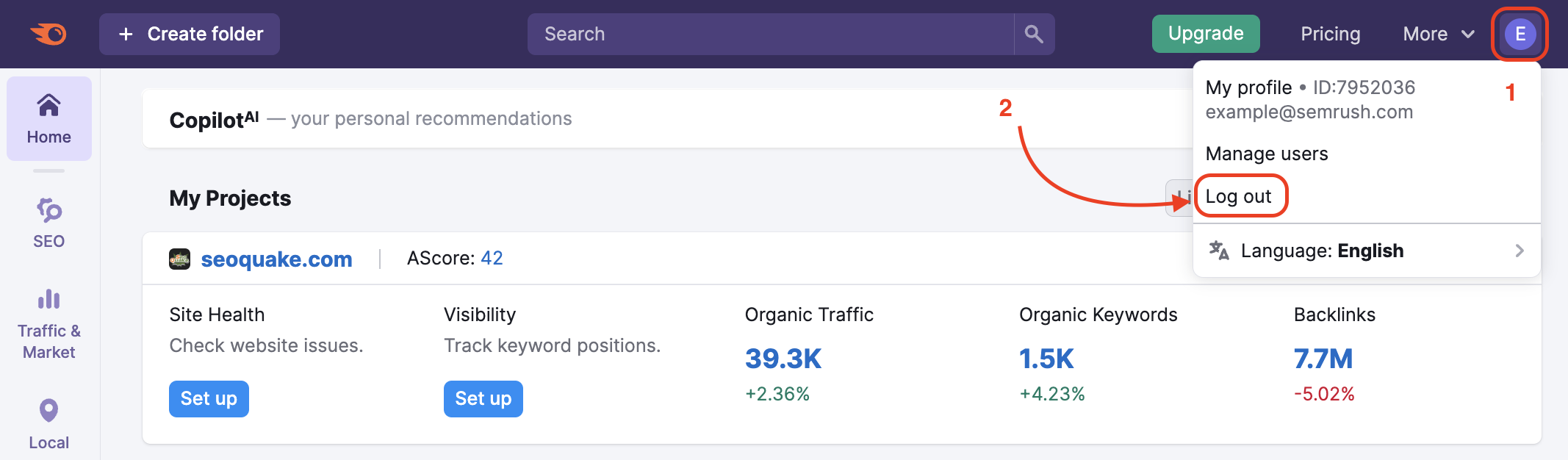 Project Dashboard with an open drop-down menu in the top-right corner: a red arrow points to Log out.