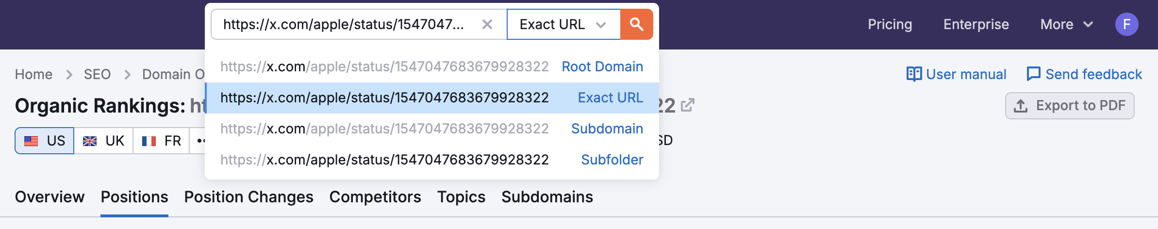 The Organic Rankings search bar with an X post entered for analysis.
